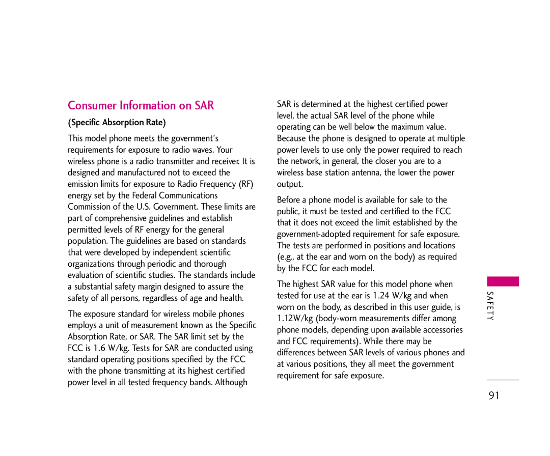 LG Electronics 355 manual Consumer Information on SAR, Specific Absorption Rate 