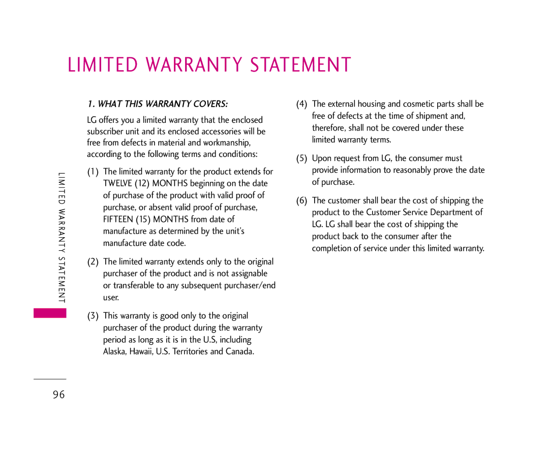 LG Electronics 355 manual Limited Warranty Statement, What this Warranty Covers 