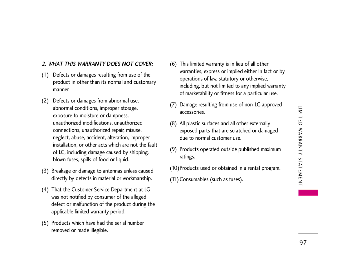 LG Electronics 355 manual Damage resulting from use of non-LG approved accessories 