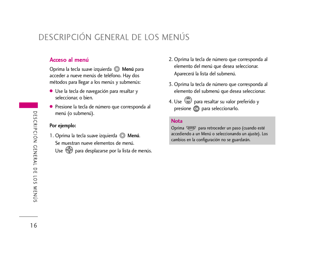 LG Electronics 355 manual Descripción General DE LOS Menús, Acceso al menú, Por ejemplo 