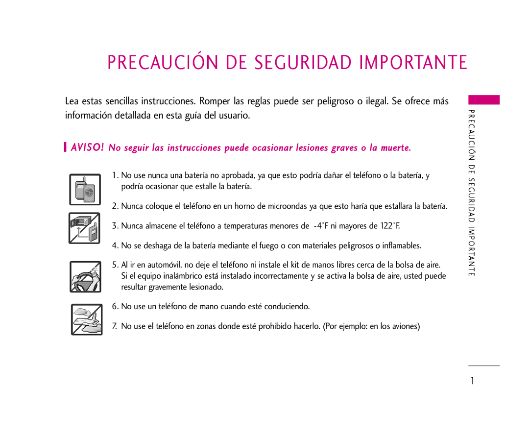 LG Electronics 355 manual Precaución DE Seguridad Importante 