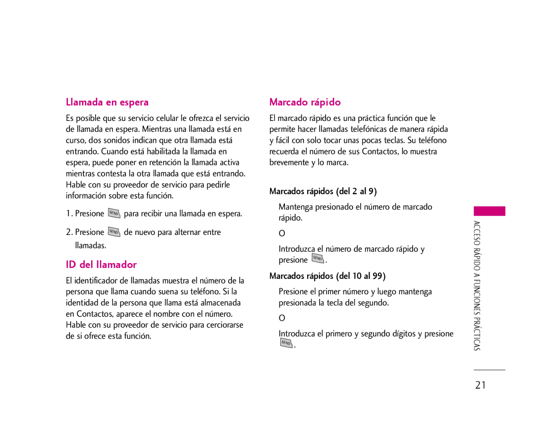 LG Electronics 355 manual Llamada en espera, ID del llamador, Marcado rápido, Marcados rápidos del 2 al 