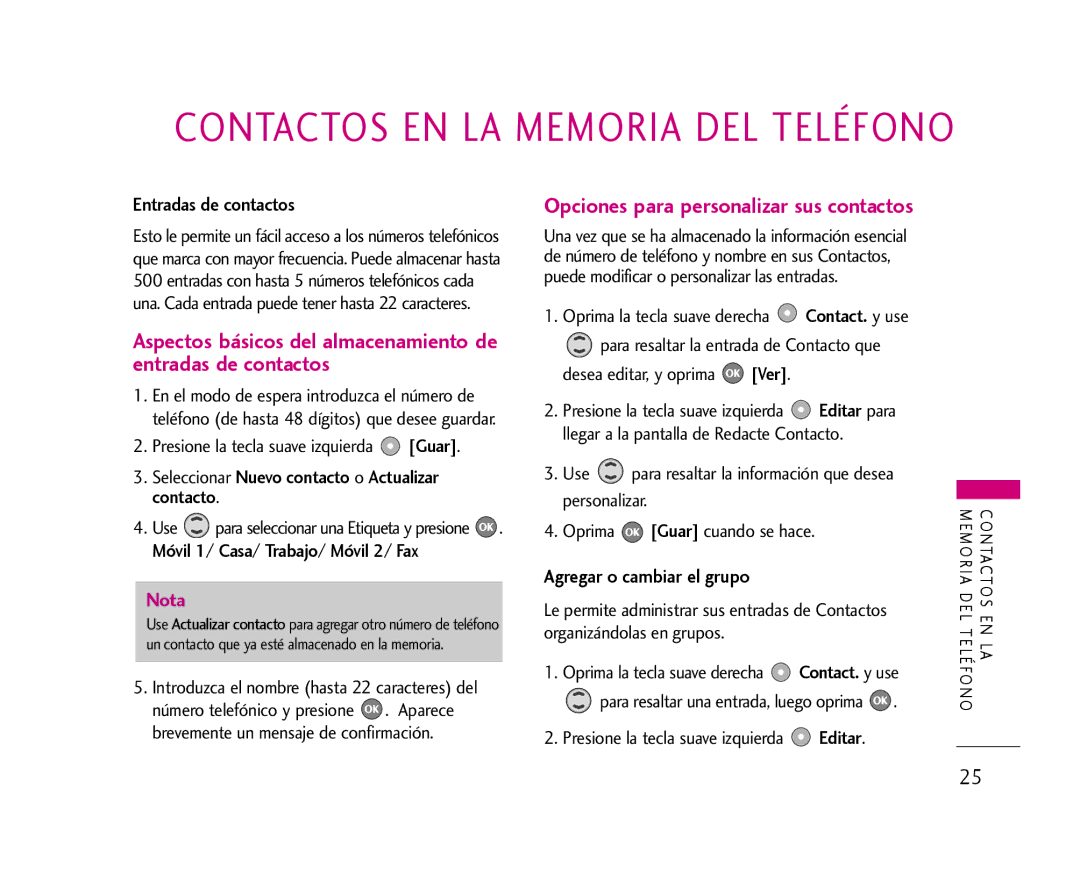 LG Electronics 355 manual Entradas de contactos, Agregar o cambiar el grupo, Móvil 1/ Casa/ Trabajo/ Móvil 2/ Fax 