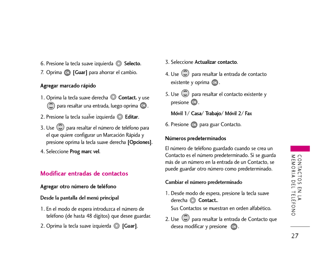 LG Electronics 355 manual Modificar entradas de contactos, Agregar marcado rápido, Agregar otro número de teléfono 