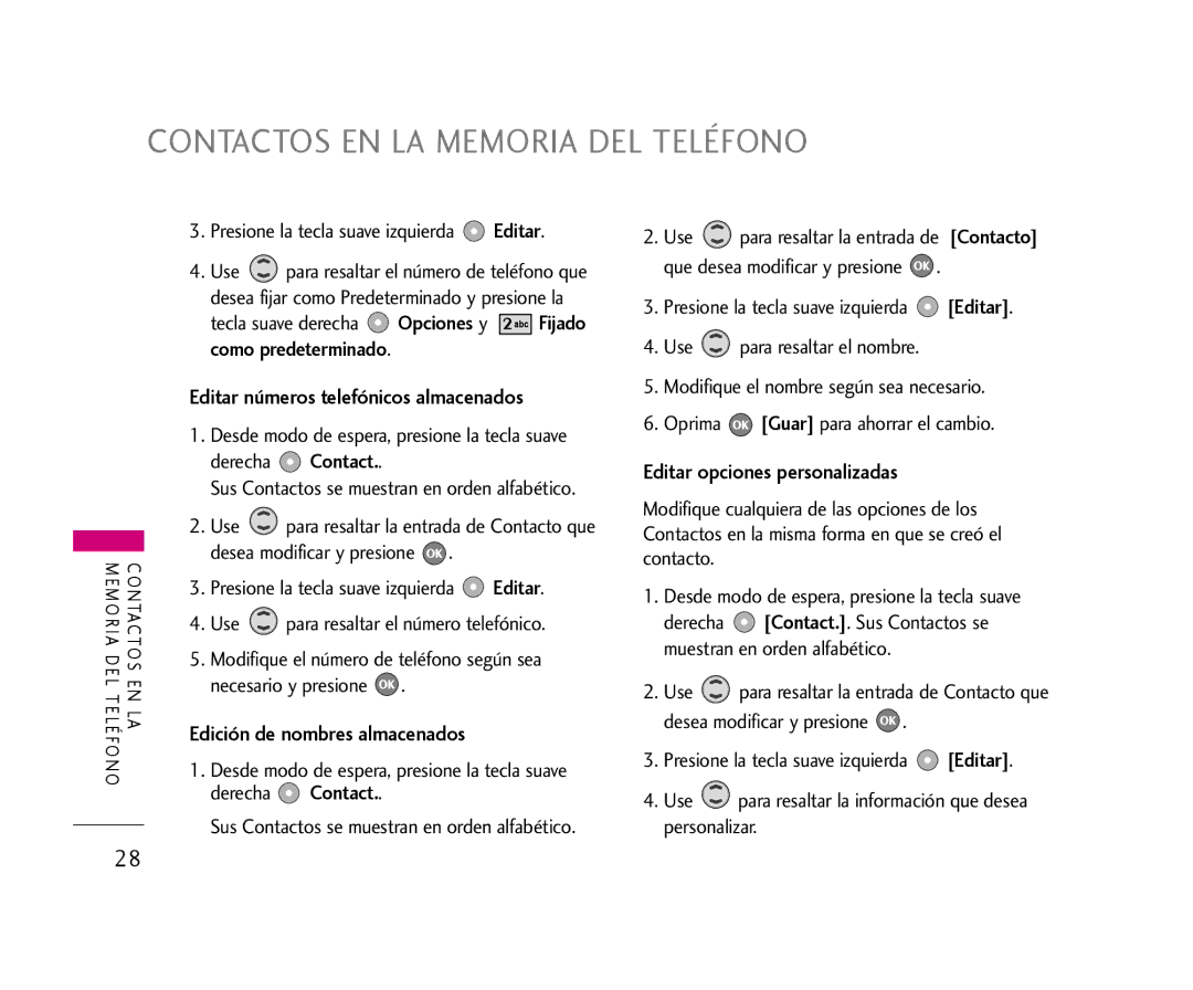 LG Electronics 355 Editar números telefónicos almacenados, Edición de nombres almacenados, Editar opciones personalizadas 