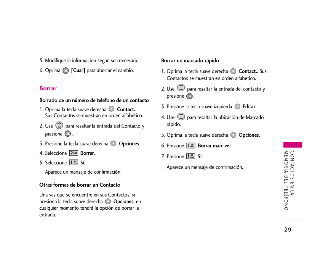 LG Electronics 355 manual Otras formas de borrar un Contacto, Borrar un marcado rápido 