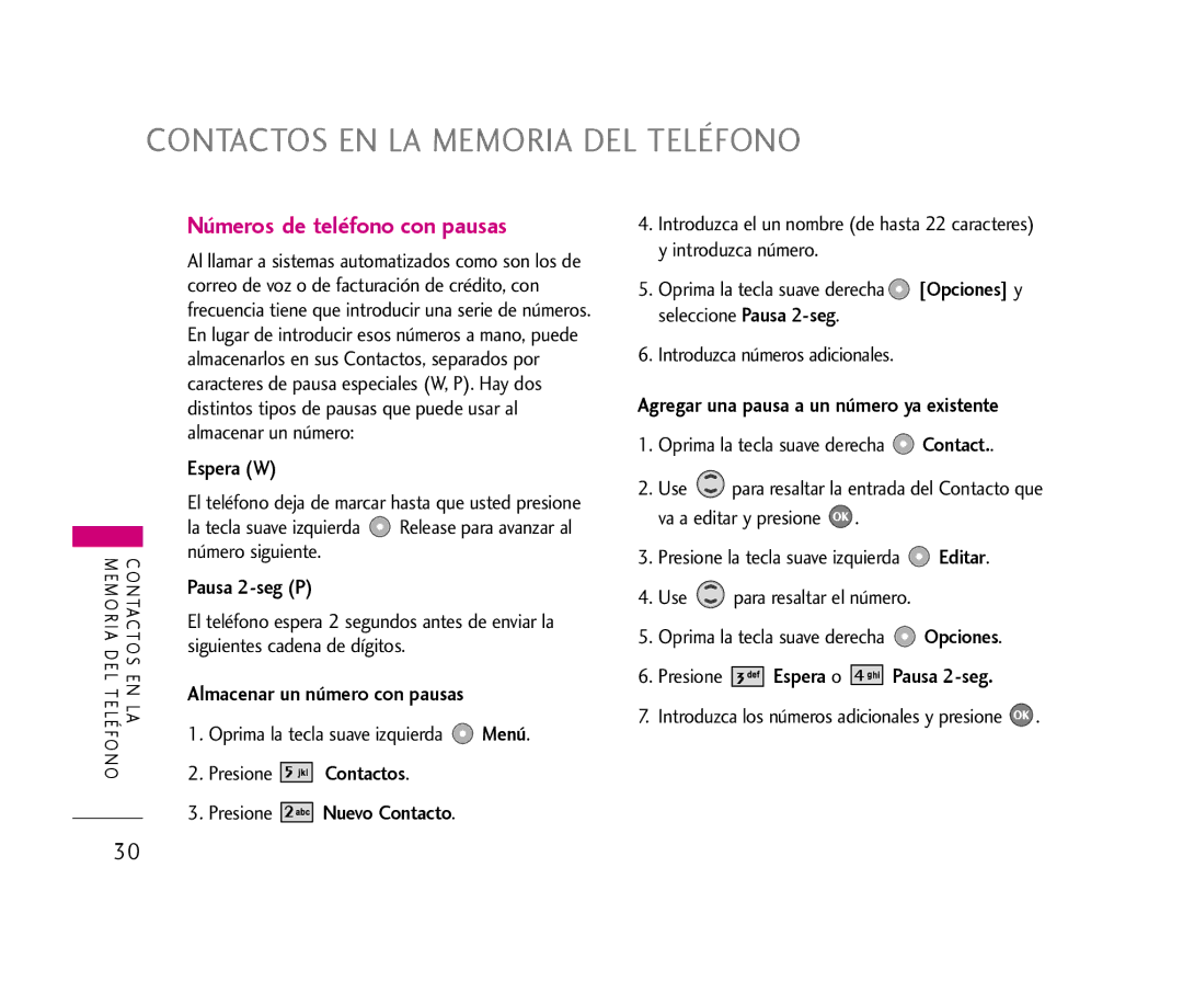 LG Electronics 355 manual Números de teléfono con pausas, Almacenar un número con pausas 