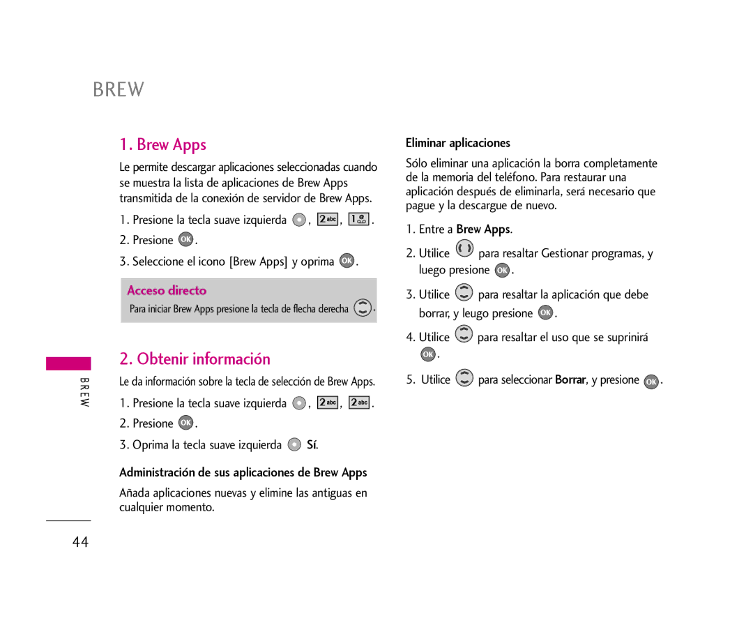 LG Electronics 355 manual Brew Apps, Obtenir información, Eliminar aplicaciones 