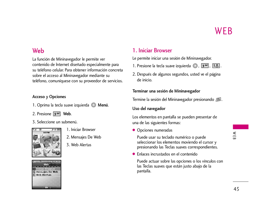 LG Electronics 355 manual Web, Iniciar Browser, Terminar una sesión de Mininavegador, Uso del navegador 