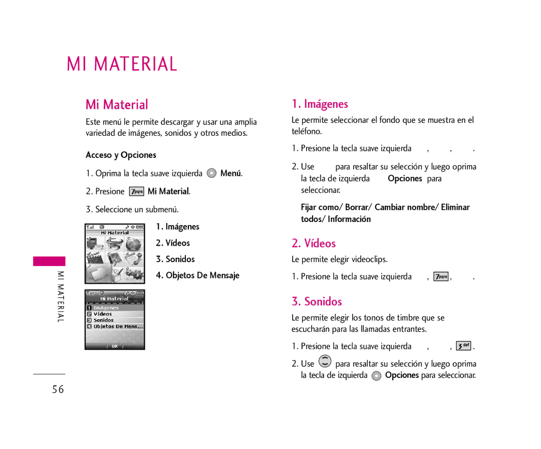 LG Electronics 355 manual MI Material, Imágenes, Vídeos, Sonidos 