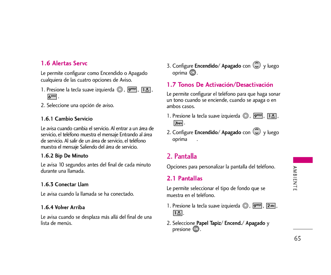 LG Electronics 355 manual Alertas Servc, Tonos De Activación/Desactivación, Pantallas 