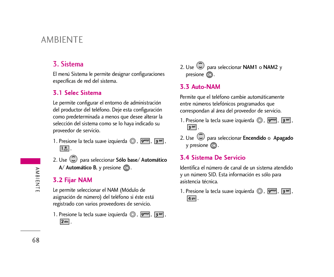 LG Electronics 355 manual Selec Sistema, Fijar NAM, Auto-NAM, Sistema De Servicio 