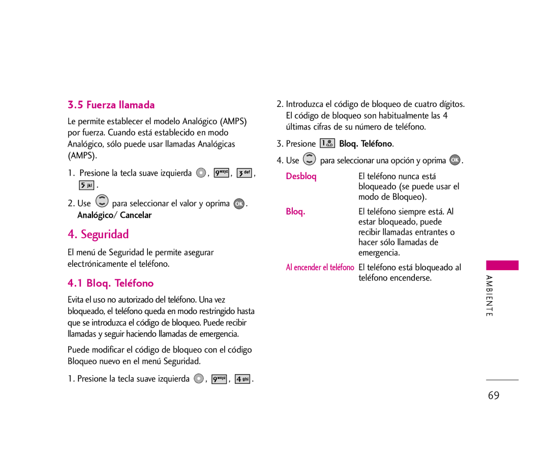 LG Electronics 355 manual Seguridad, Fuerza llamada, Bloq. Teléfono 