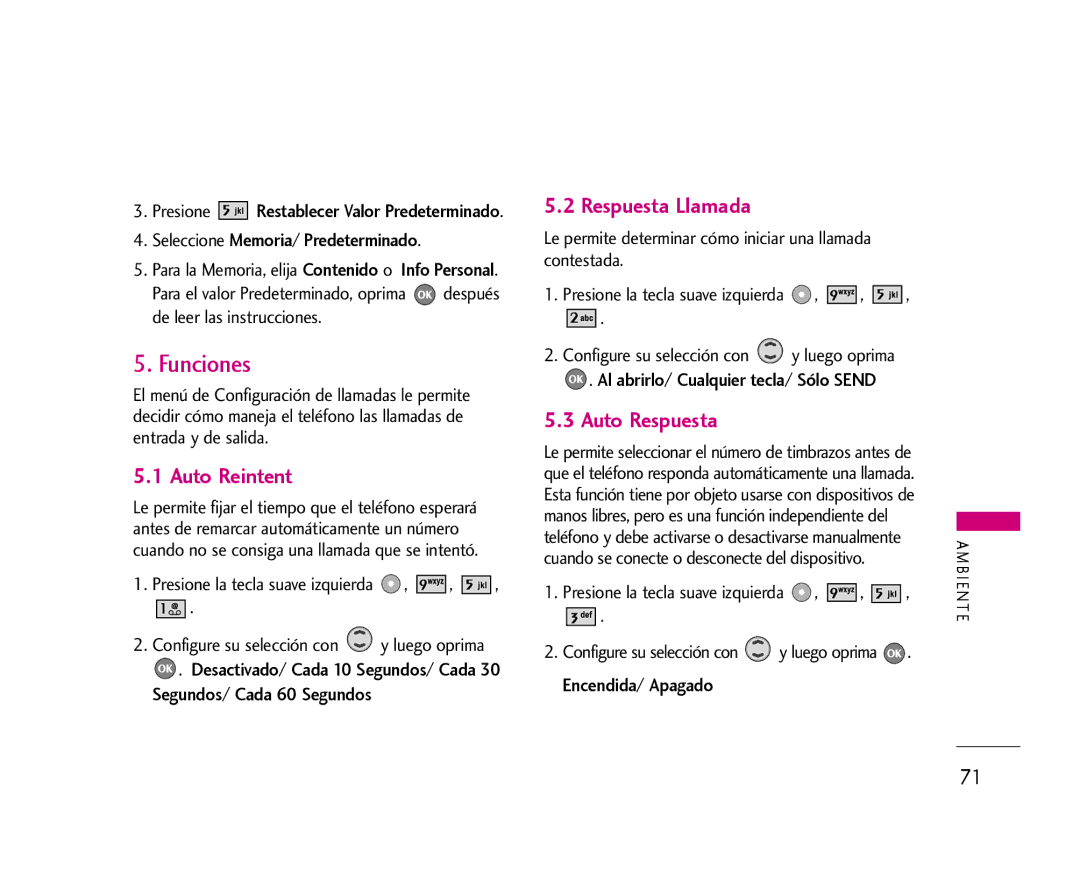 LG Electronics 355 manual Funciones, Auto Reintent, Respuesta Llamada, Auto Respuesta 