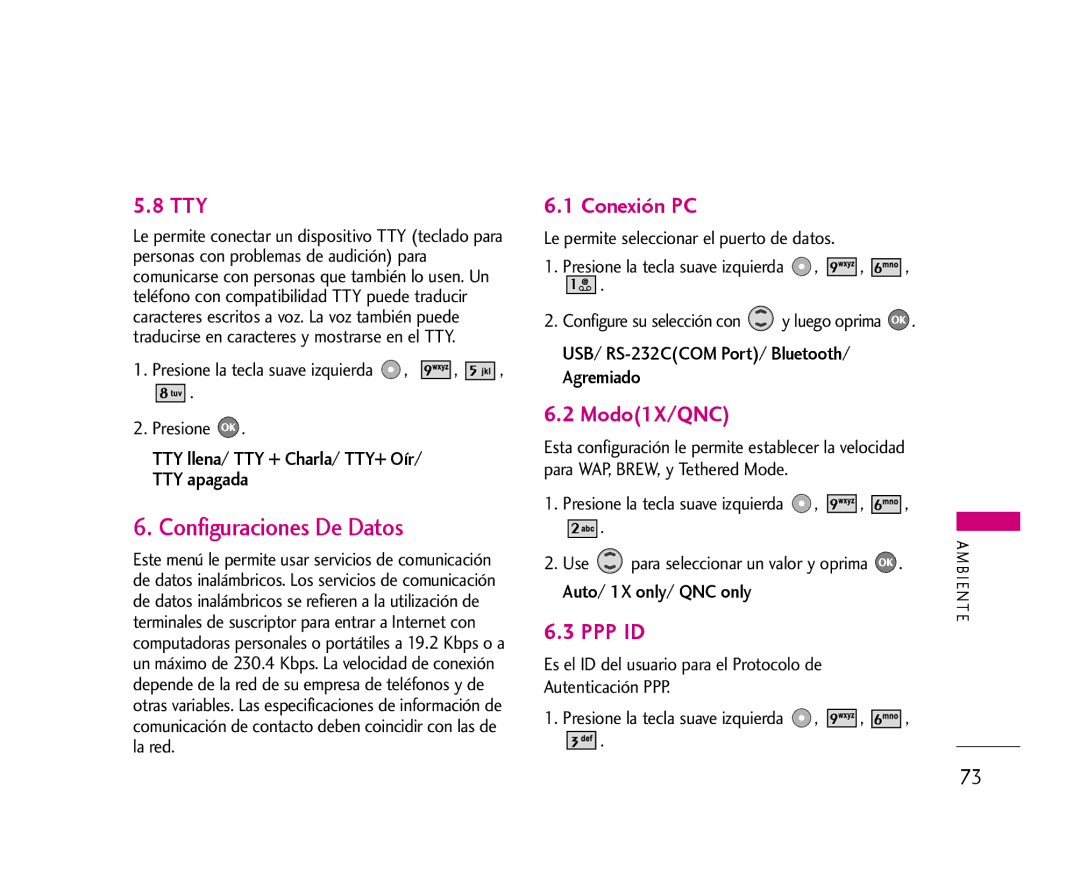 LG Electronics 355 manual Configuraciones De Datos, Tty, Conexión PC, Modo1X/QNC, Ppp Id 