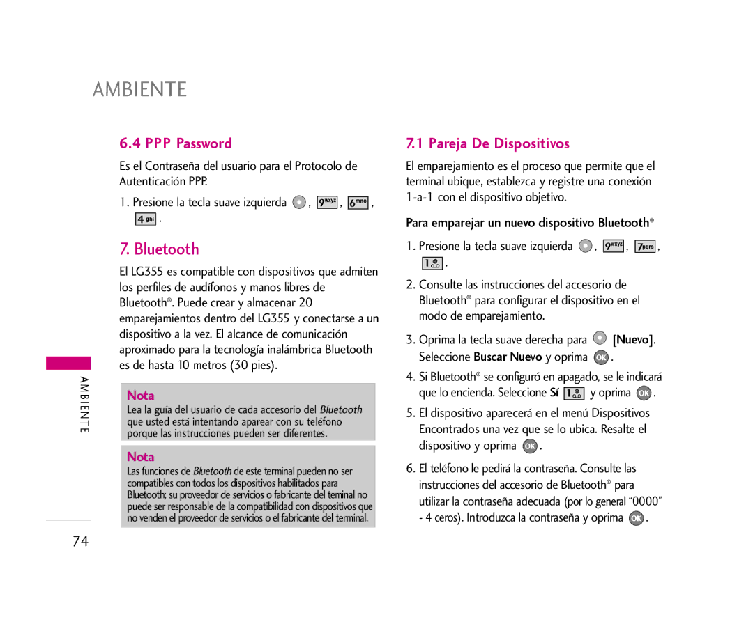 LG Electronics 355 manual Bluetooth, PPP Password, Pareja De Dispositivos 