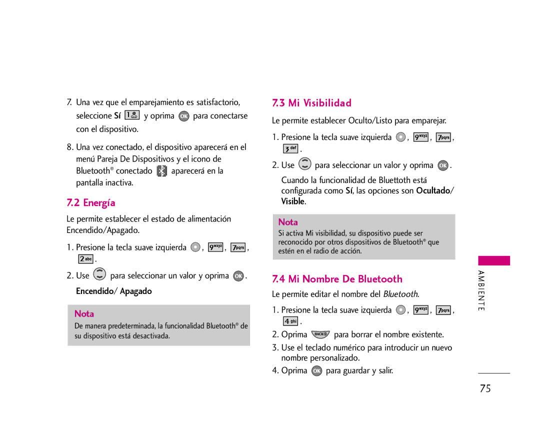 LG Electronics 355 manual Energía, Mi Visibilidad, Mi Nombre De Bluetooth, Visible 