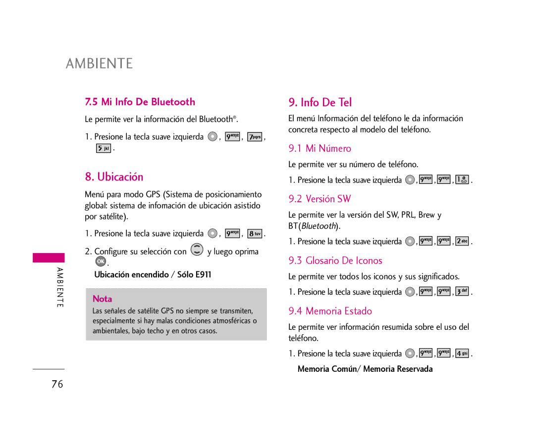 LG Electronics 355 manual Ubicación, Info De Tel, Mi Info De Bluetooth 