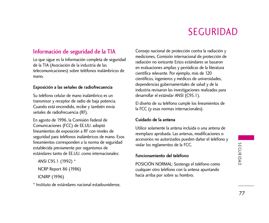 LG Electronics 355 manual Seguridad, Información de seguridad de la TIA, Cuidado de la antena, Funcionamiento del teléfono 