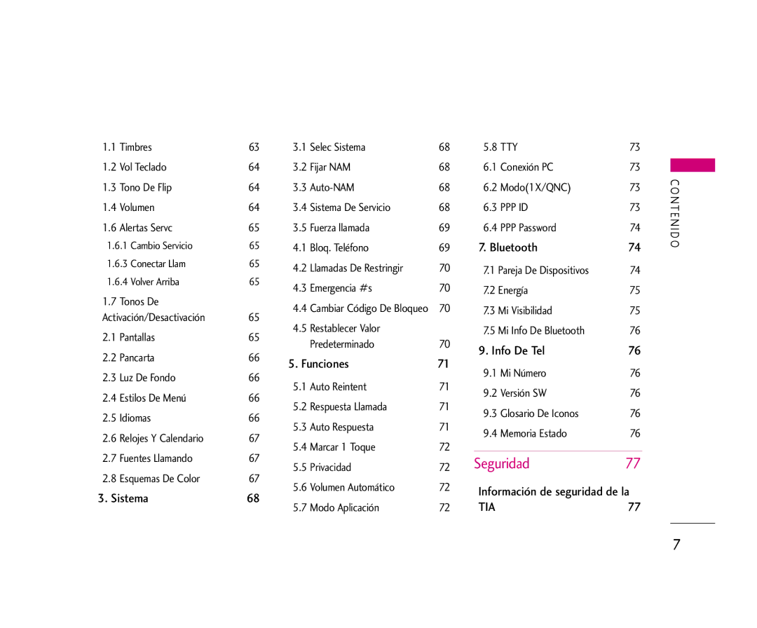LG Electronics 355 manual Sistema, 66 5. Funciones, Bluetooth, Info De Tel, Información de seguridad de la 