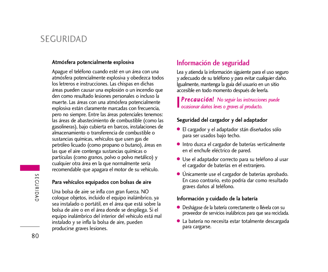 LG Electronics 355 Información de seguridad, Atmósfera potencialmente explosiva, Seguridad del cargador y del adaptador 