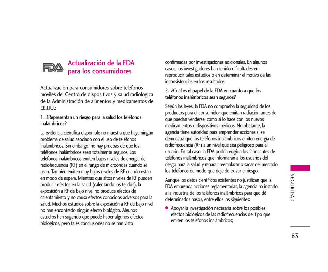 LG Electronics 355 manual Actualización de la FDA para los consumidores 