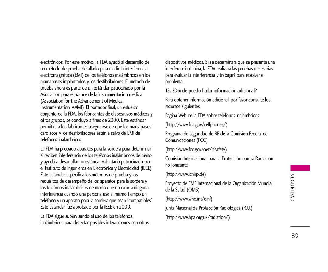 LG Electronics 355 manual Página Web de la FDA sobre teléfonos inalámbricos 