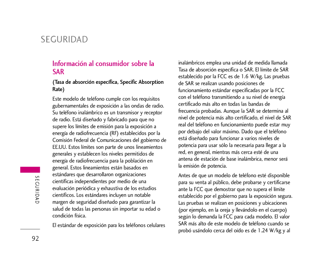 LG Electronics 355 manual Información al consumidor sobre la, Tasa de absorción específica, Specific Absorption Rate 