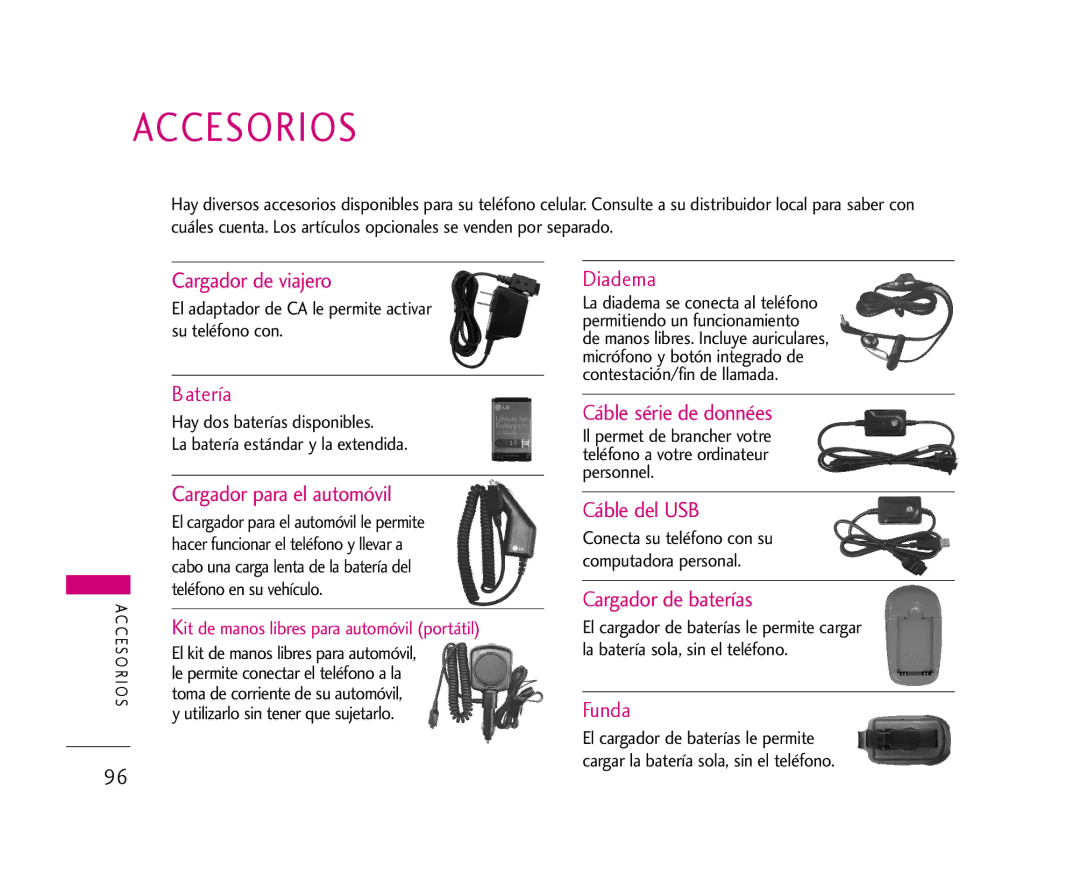 LG Electronics 355 manual Accesorios, El adaptador de CA le permite activar su teléfono con 