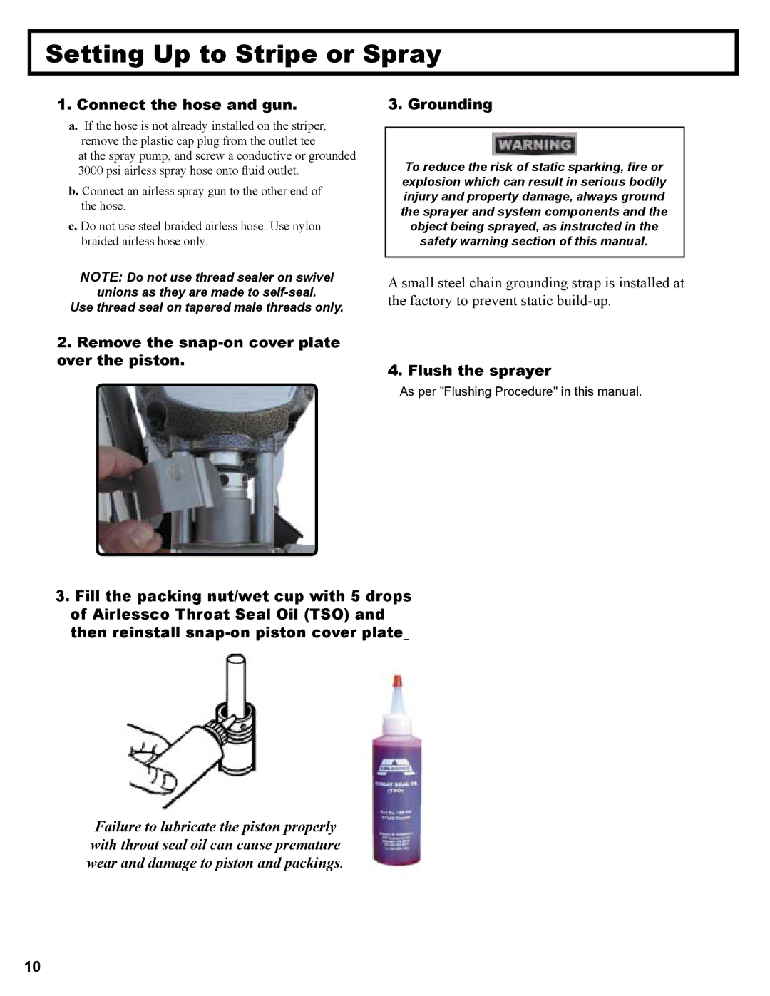 LG Electronics 3600 operation manual Setting Up to Stripe or Spray, Connect the hose and gun, Flush the sprayer 