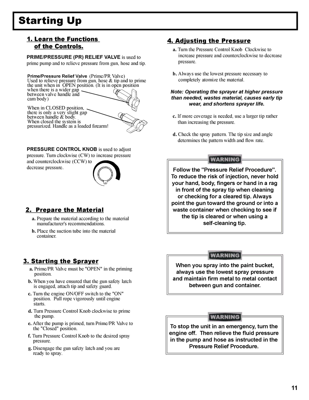 LG Electronics 3600 operation manual Starting Up, Prepare the Material, Starting the Sprayer, Adjusting the Pressure 