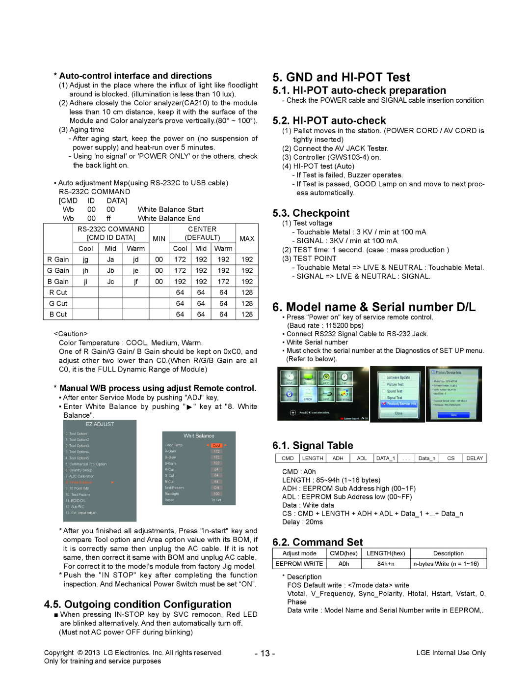 LG Electronics 549C-ZA GND and HI-POT Test, Model name & Serial number D/L, HI-POT auto-check preparation, Checkpoint 