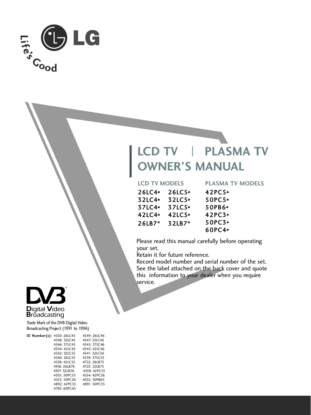 LG Electronics 26 LC5*, 37 LC5*, 26LC4*, 32 LC5*, 32 LC4* owner manual LCD TV Plasma TV 