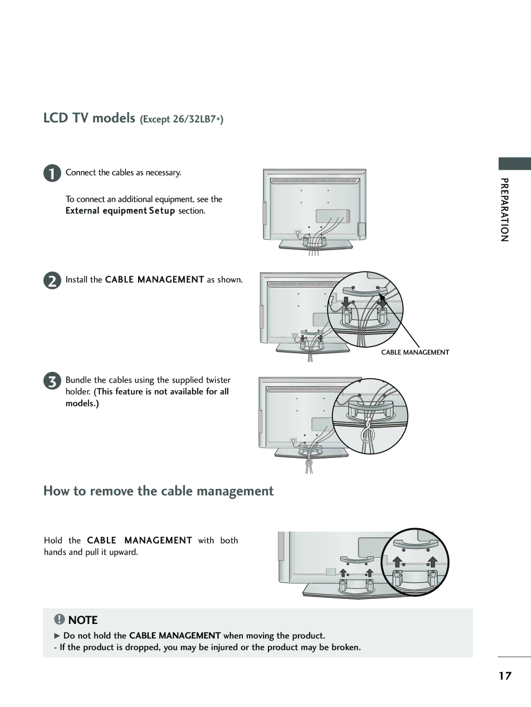 LG Electronics 32 LC4*, 37 LC5*, 26 LC5*, 26LC4*, 32 LC5* How to remove the cable management, LCD TV models Except 26/32LB7 