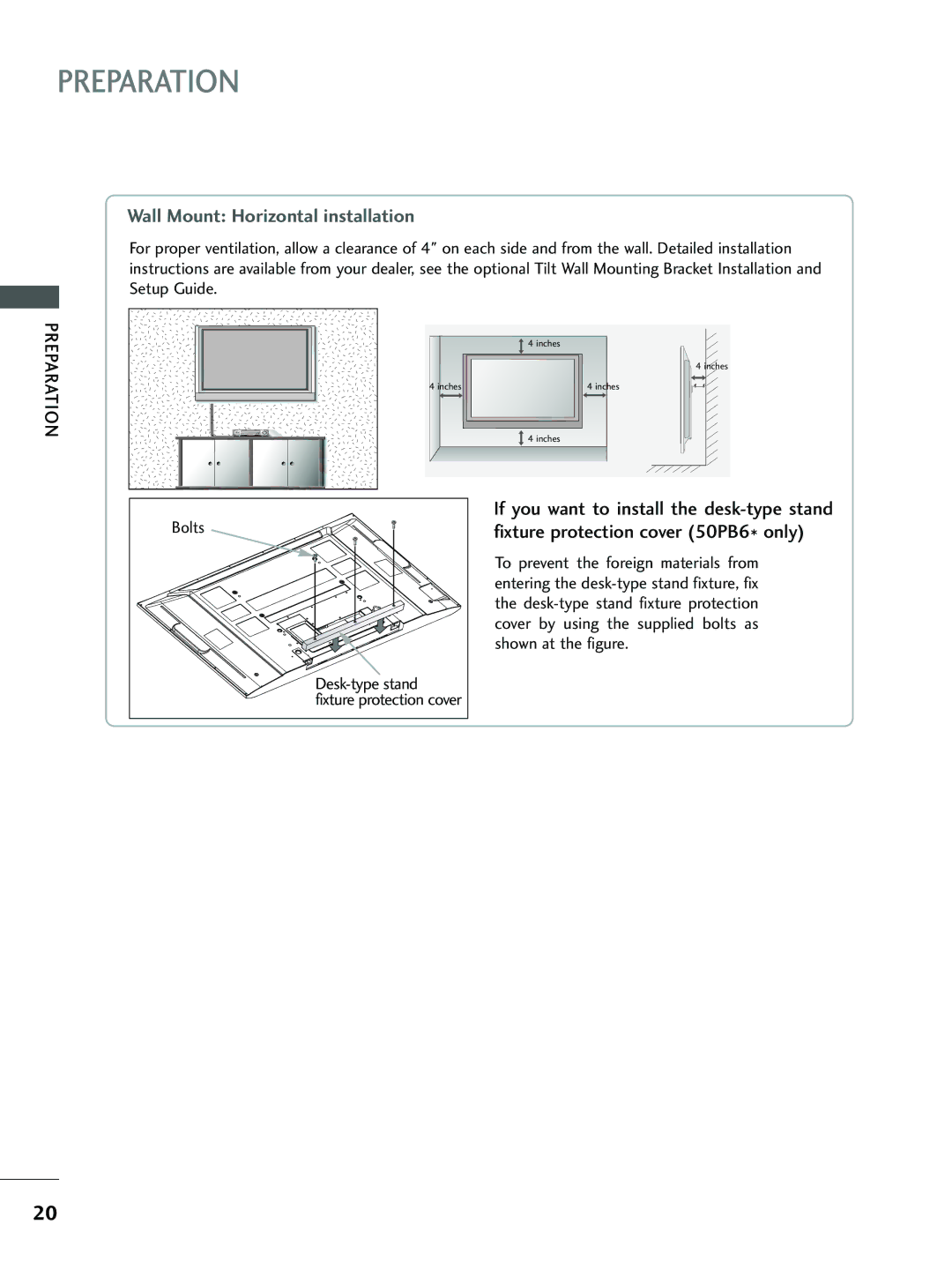 LG Electronics 26LC4*, 37 LC5*, 26 LC5*, 32 LC5*, 32 LC4* owner manual Wall Mount Horizontal installation, Bolts 