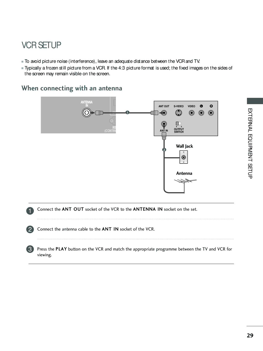 LG Electronics 26 LC5*, 37 LC5*, 26LC4*, 32 LC5*, 32 LC4* VCR Setup, When connecting with an antenna, Equipment Setup 