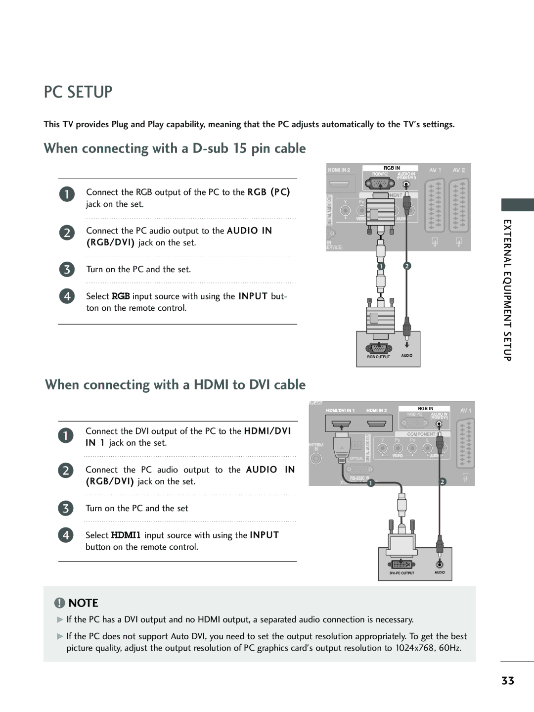 LG Electronics 37 LC5*, 26 LC5*, 26LC4*, 32 LC5*, 32 LC4* owner manual PC Setup, When connecting with a D-sub 15 pin cable 