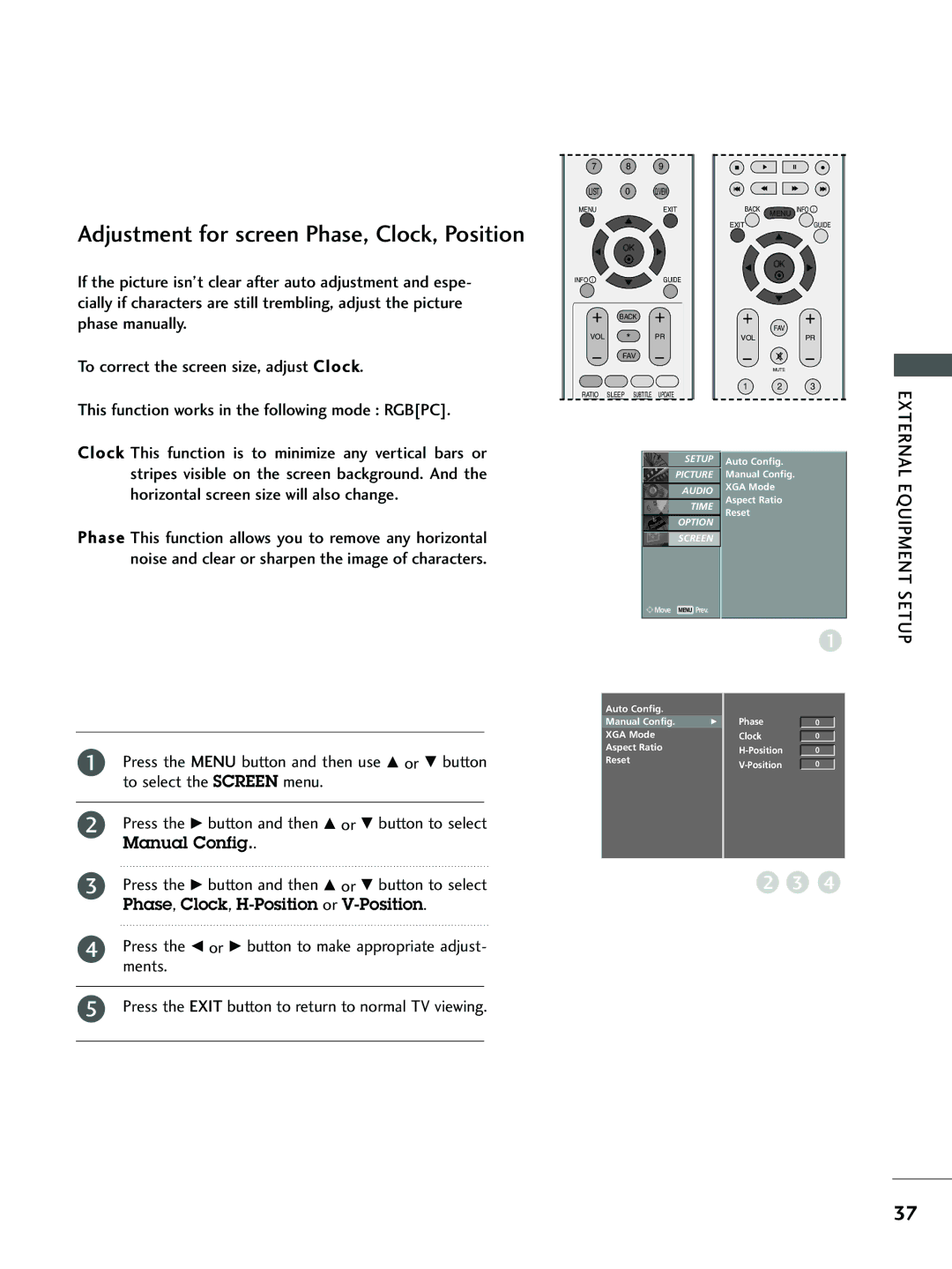 LG Electronics 32 LC4*, 37 LC5*, 26 LC5*, 26LC4*, 32 LC5* owner manual Manual Config, Phase, Clock, H-Position or V-Position 