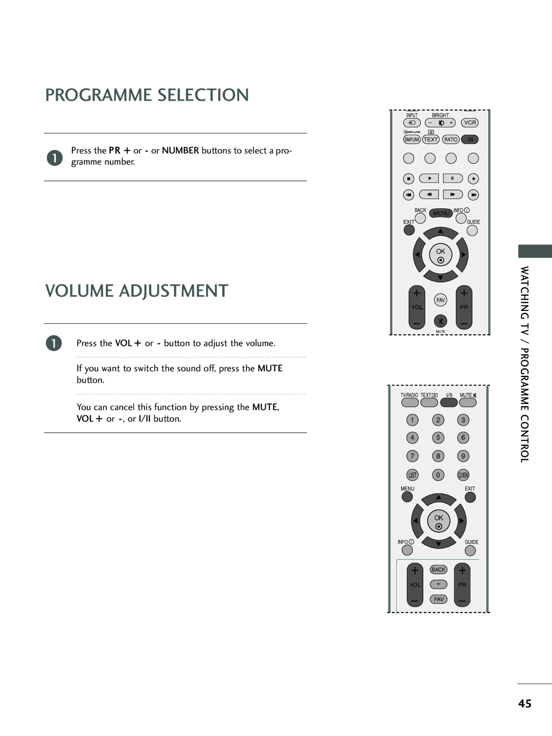 LG Electronics 26LC4*, 37 LC5*, 26 LC5*, 32 LC5*, 32 LC4* owner manual Programme Selection, Volume Adjustment 