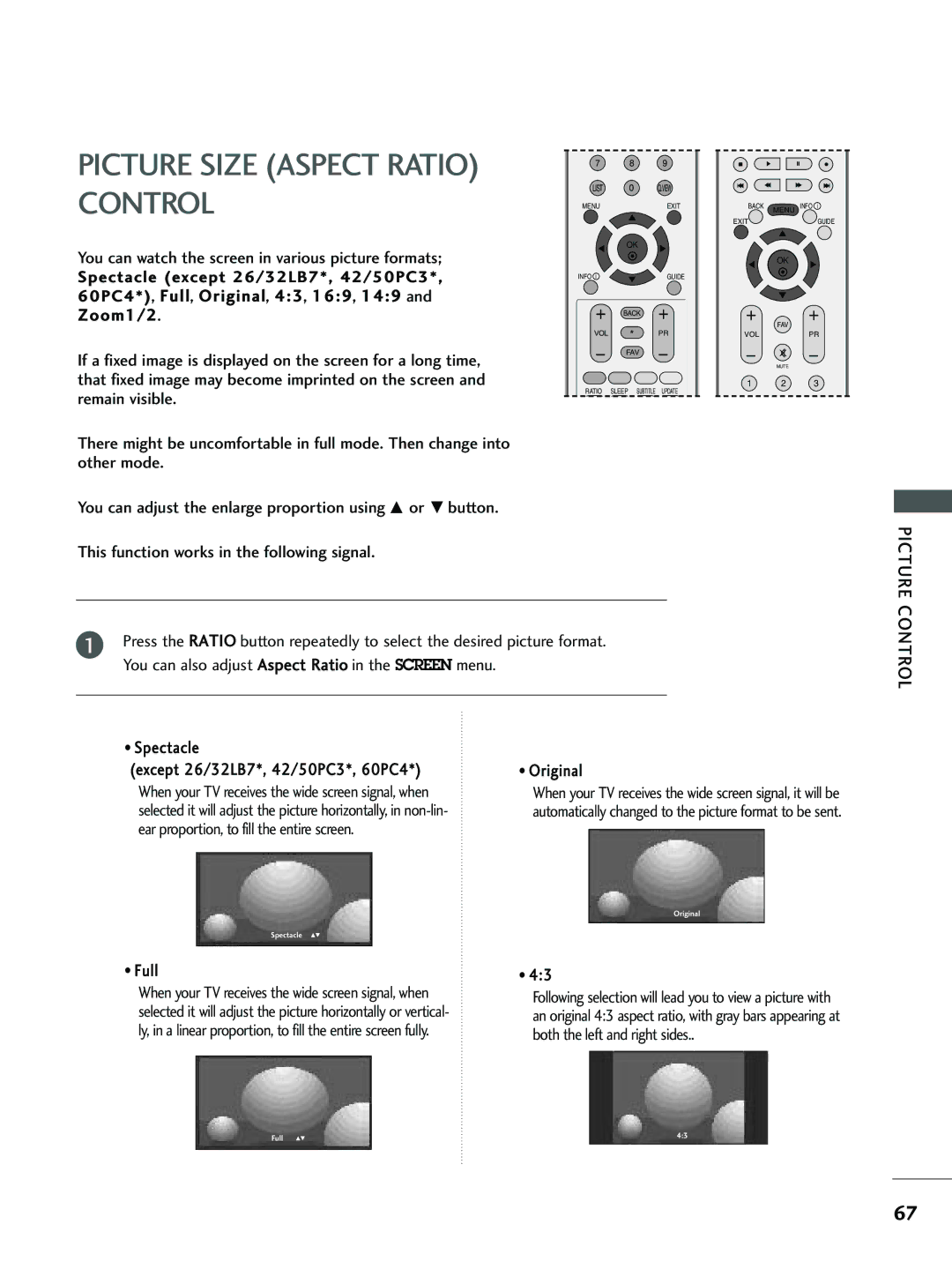 LG Electronics 32 LC4*, 37 LC5*, 26 LC5*, 26LC4*, 32 LC5* owner manual Picture Size Aspect Ratio Control 