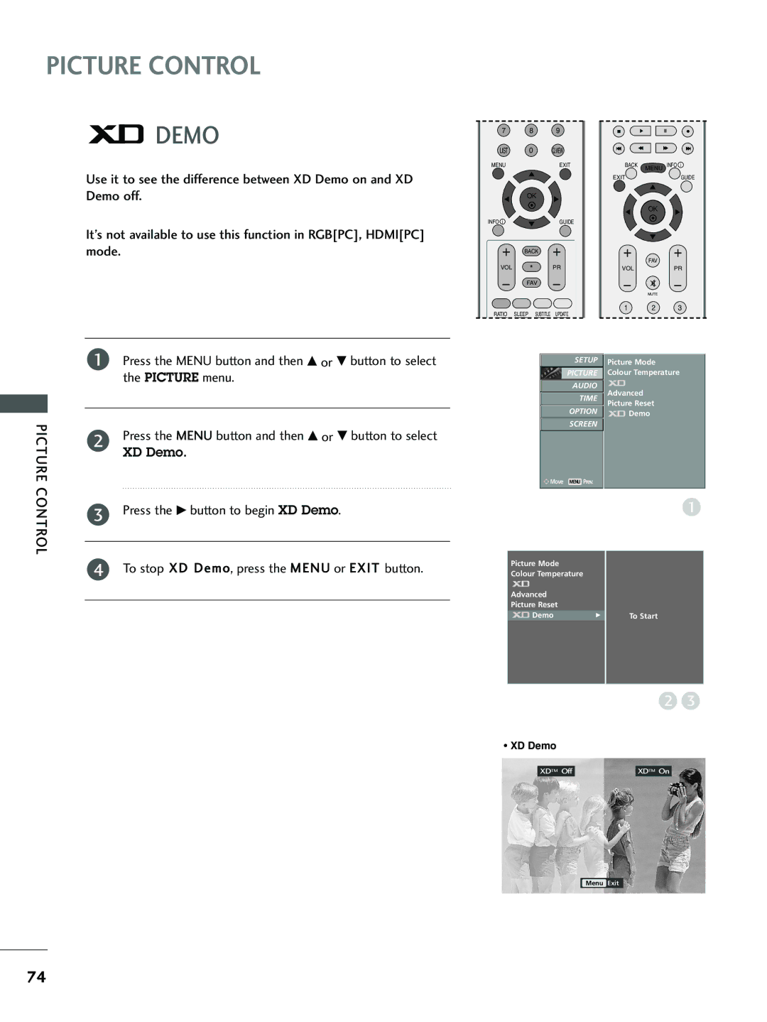 LG Electronics 26 LC5*, 37 LC5* Press the G button to begin XD Demo, To stop XD Demo, press the Menu or Exit button 