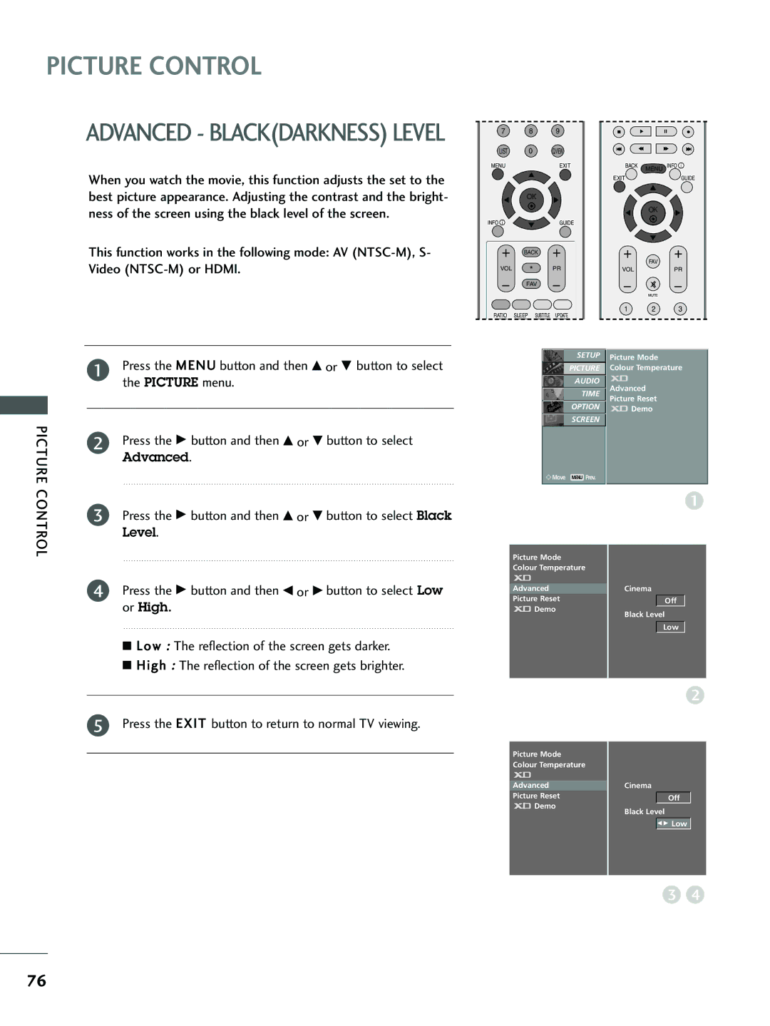 LG Electronics 32 LC5*, 37 LC5* Button to select, Picture menu, Press the G button and then F or G button to select Low 