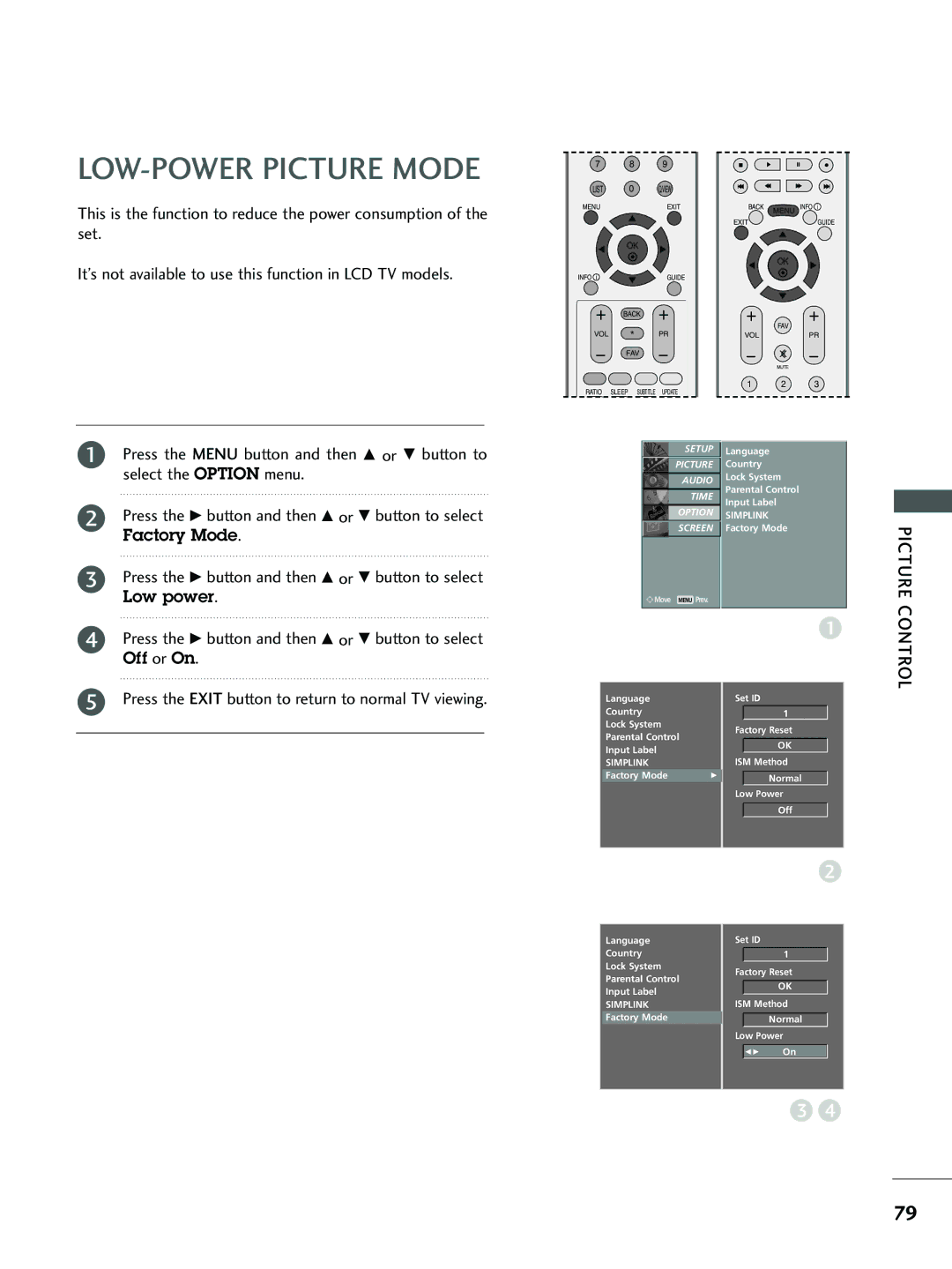 LG Electronics 26 LC5*, 37 LC5*, 26LC4*, 32 LC5*, 32 LC4* owner manual LOW-POWER Picture Mode, Low power 