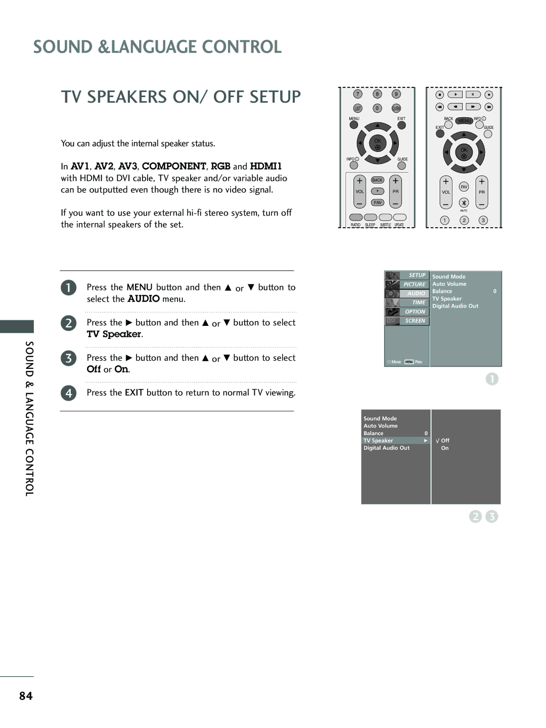 LG Electronics 26 LC5*, 37 LC5* TV Speakers ON/ OFF Setup, You can adjust the internal speaker status, Language Control 