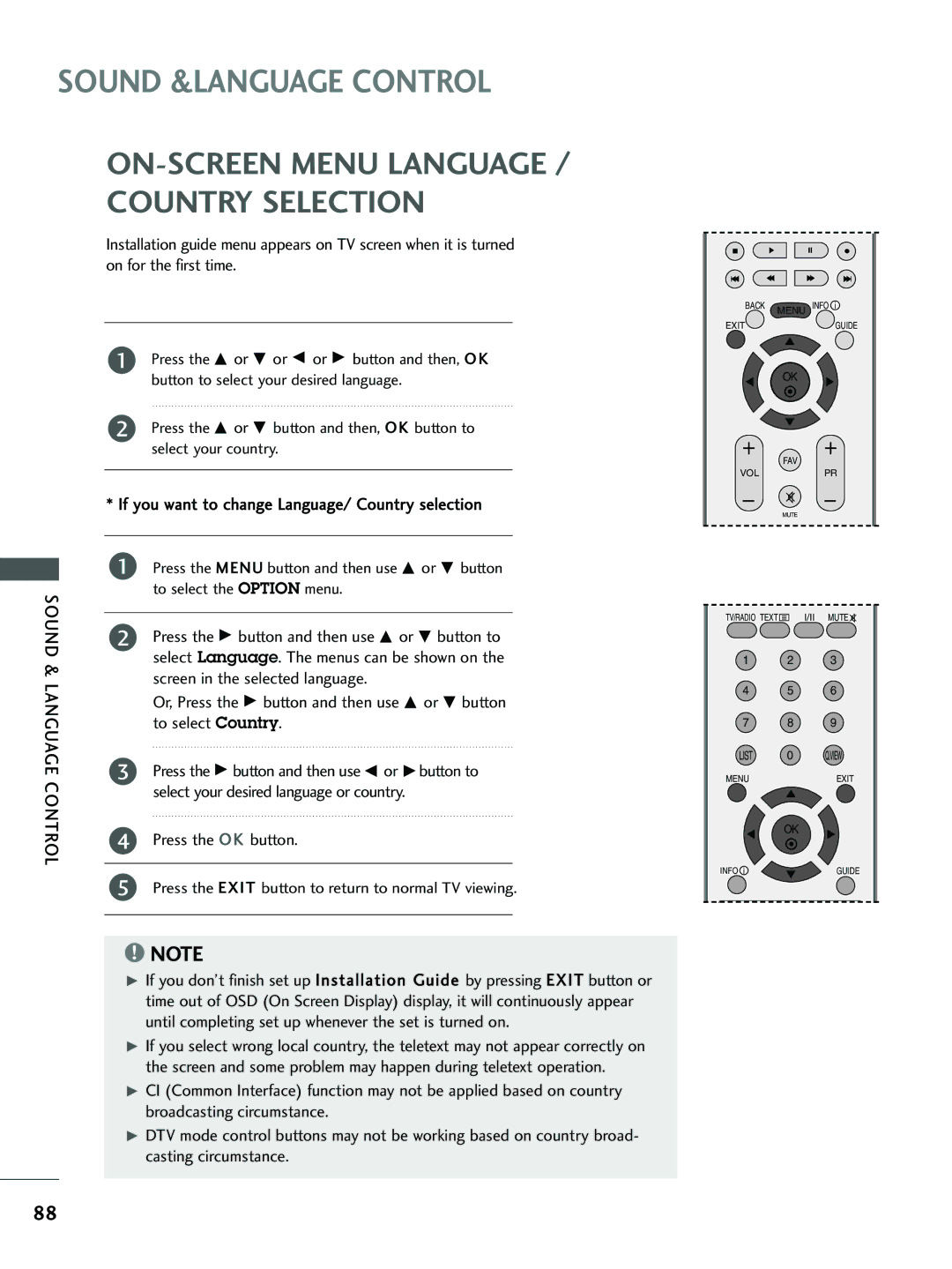 LG Electronics 37 LC5*, 26 LC5*, 26LC4* If you want to change Language/ Country selection, Screen in the selected language 