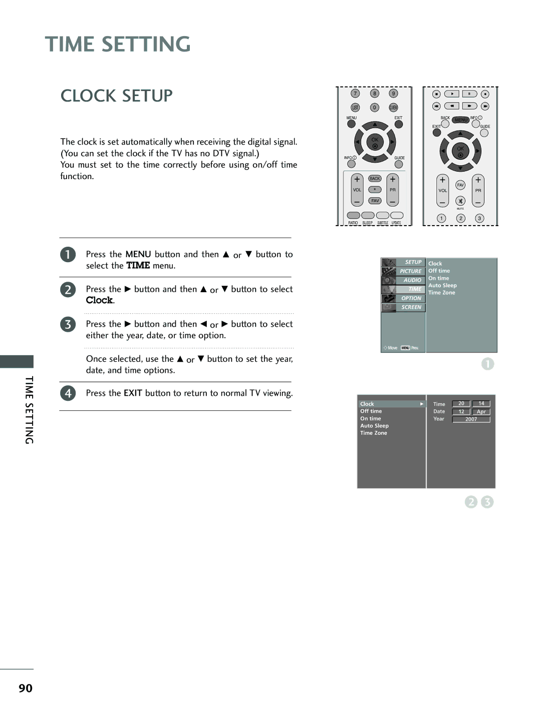 LG Electronics 26LC4*, 37 LC5*, 26 LC5*, 32 LC5*, 32 LC4* owner manual Time Setting, Clock Setup 