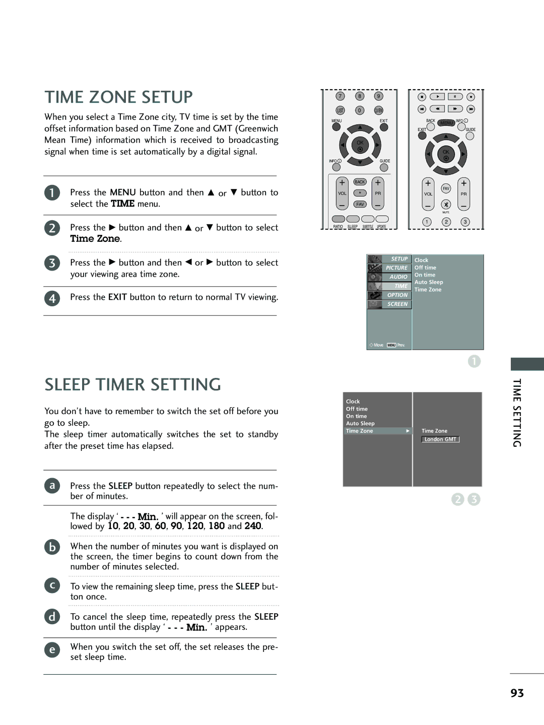 LG Electronics 37 LC5*, 26 LC5*, 26LC4*, 32 LC5*, 32 LC4* owner manual Time Zone Setup, Sleep Timer Setting 