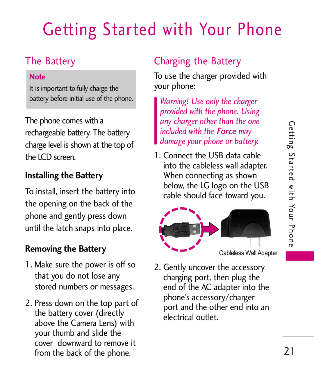 LG Electronics MMBB0345501, 370H manual Getting Started with Your Phone, Charging the Battery, Installing the Battery 