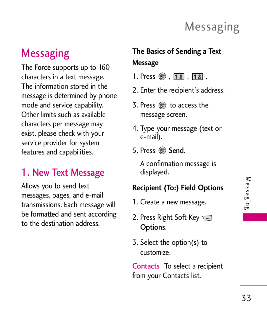 LG Electronics MMBB0345501, 370H Messaging, New Text Message, Basics of Sending a Text Message, Recipient To Field Options 