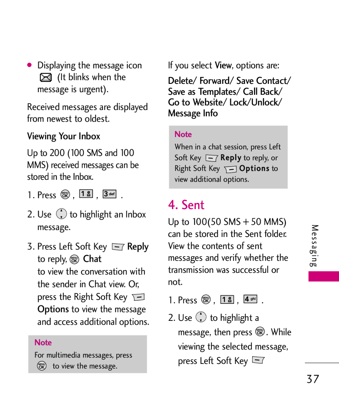 LG Electronics MMBB0345501 Sent, Viewing Your Inbox, Displaying the message icon, Press Use to highlight an Inbox message 